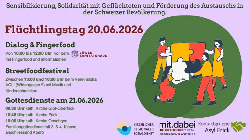 Flüchtlingstage Aargau, 20. und 21. Juni 2026 in Frick (Region Fricktal): Flüchtlingstag am 20. Juni, 10 bis 18 Uhr, Löwen Sanitätshaus und Vereinslokal ACLI, Gottesdienste am 21. Juni in Gipf-Oberfrick, Frick und Oeschgen – fluechtlingstage-aargau.ch