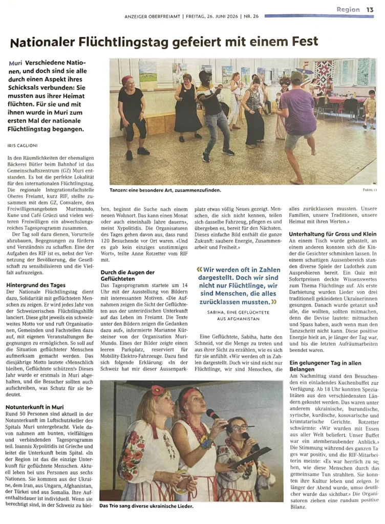 Flüchtlingstag Muri (Region Oberes Freiamt): Nationaler Flüchtlingstag gefeiert mit einem Fest – Anzeiger Oberfreiamt, 26. Juni 2026 – Aargauer Flüchtlingstage (fluechtlingstage-aargau.ch)